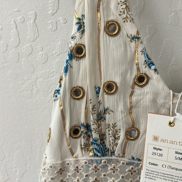 ANANTA S/M Blue Gold Metallic Lace Trim Boho Maxi Dress Made in India 25120 - Picture 5 of 11